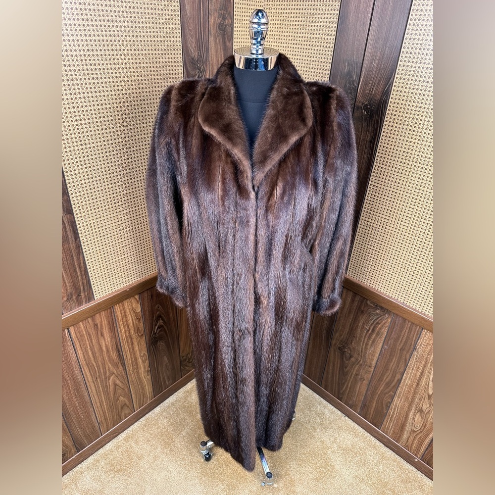 JINDO DESIGNER VINTAGE BROWN FULL LENGTH RANCH MINK FUR COAT JACKET SIZE MEDIUM